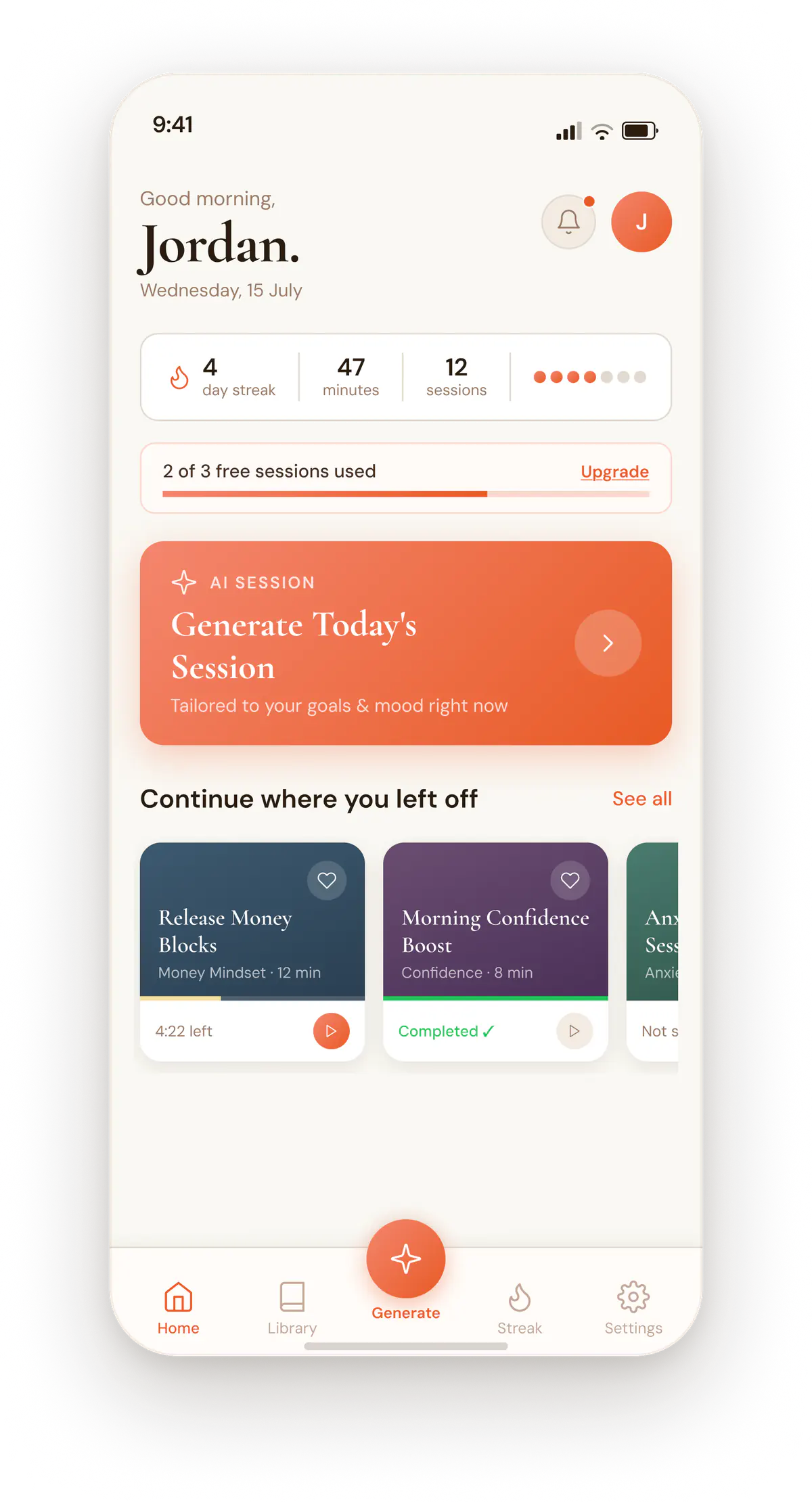 Nirvanta AI home screen with a greeting, streak, minutes and sessions stats, a Generate Today’s Session card, and recent sessions.