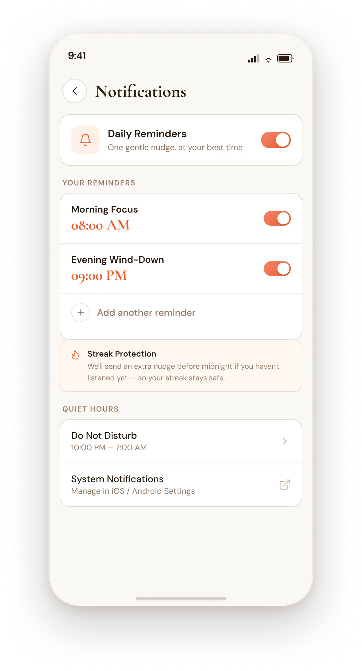 Notification settings with daily reminders for Morning Focus and Evening Wind-Down, streak protection and quiet hours.