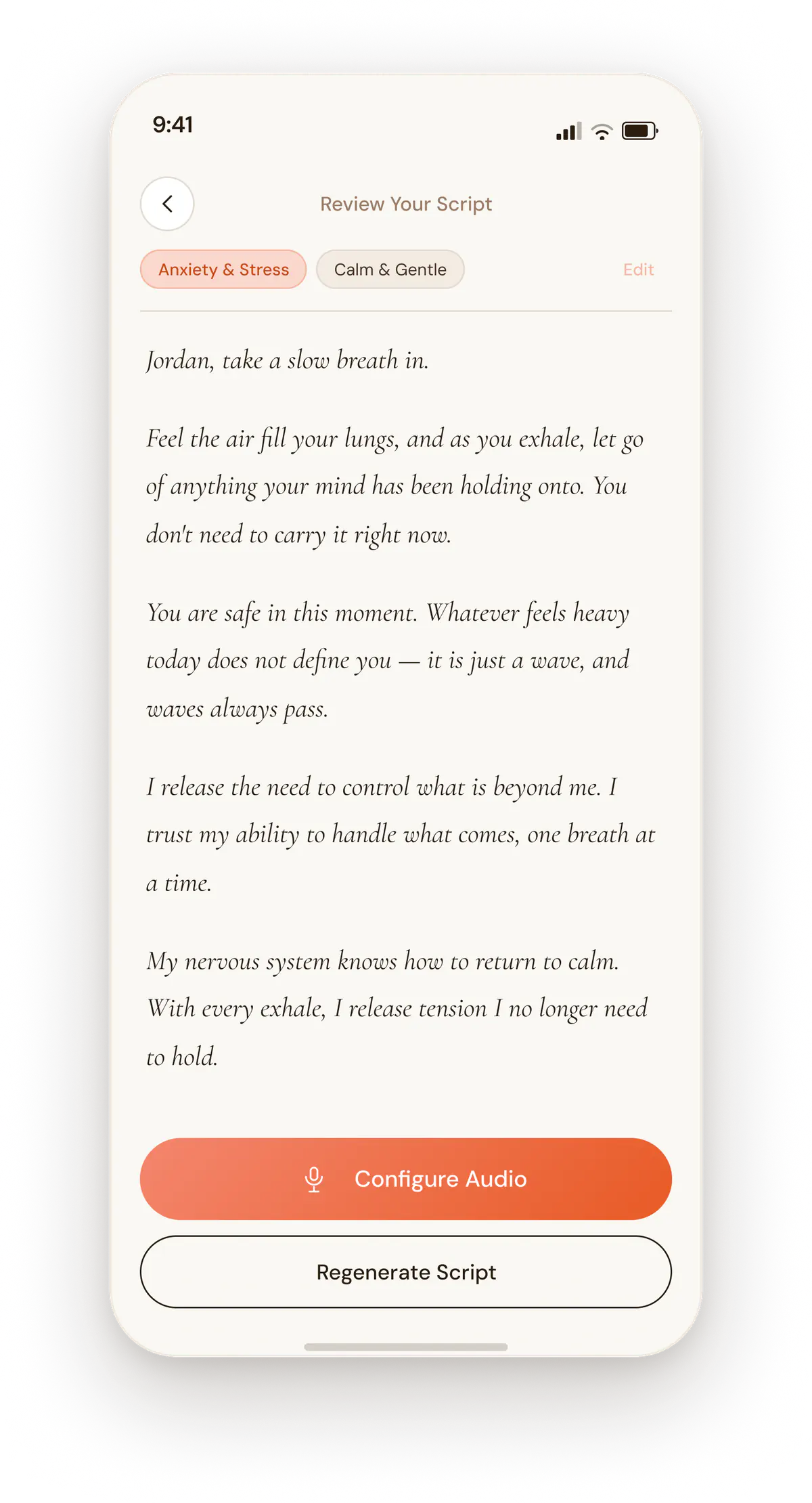 Review Your Script screen showing a personalized, calm affirmation script with Generate Audio and Regenerate Script buttons.