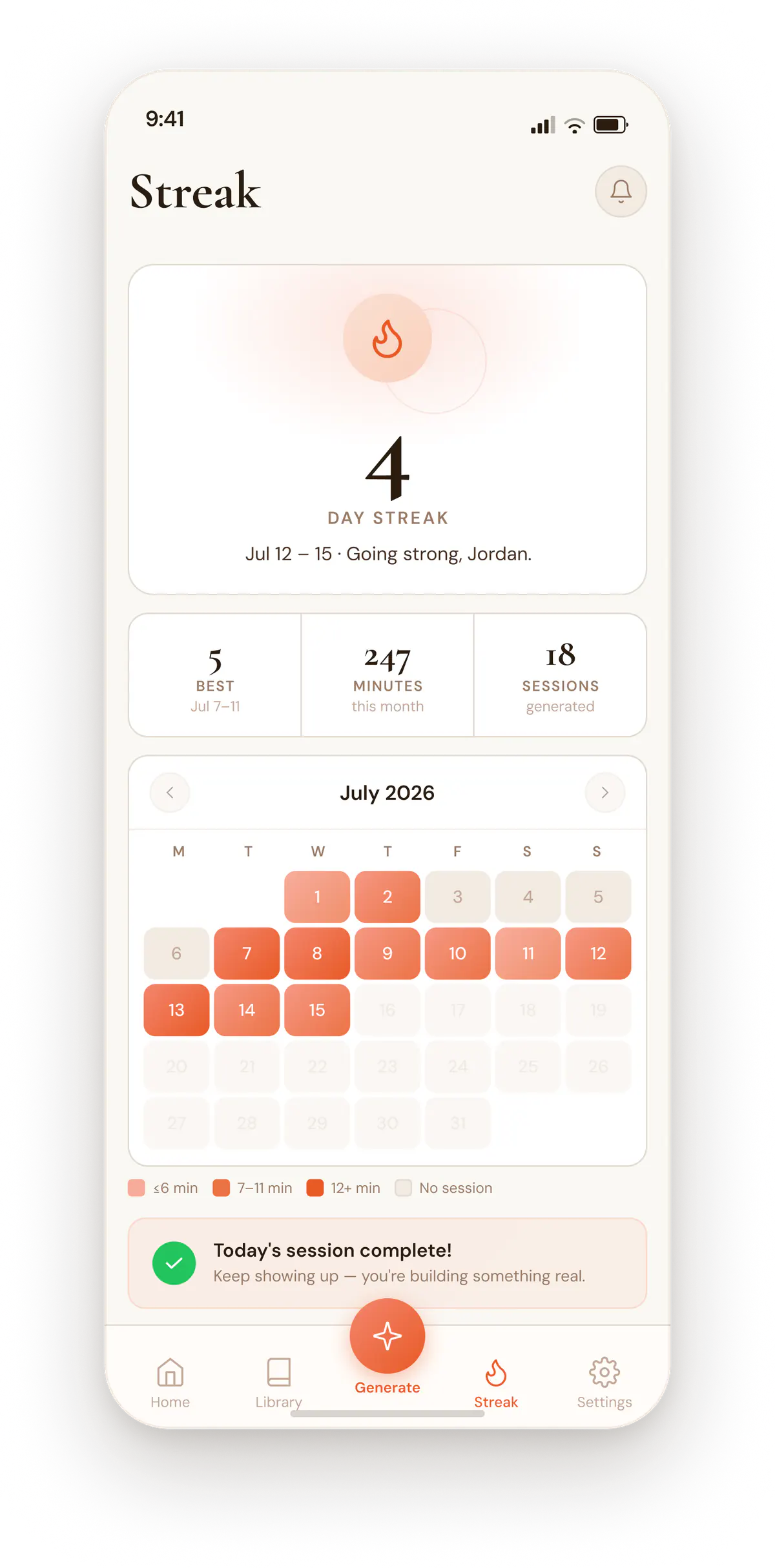 Streak screen showing a 4 day streak, best streak, minutes this month and a monthly calendar of completed sessions.